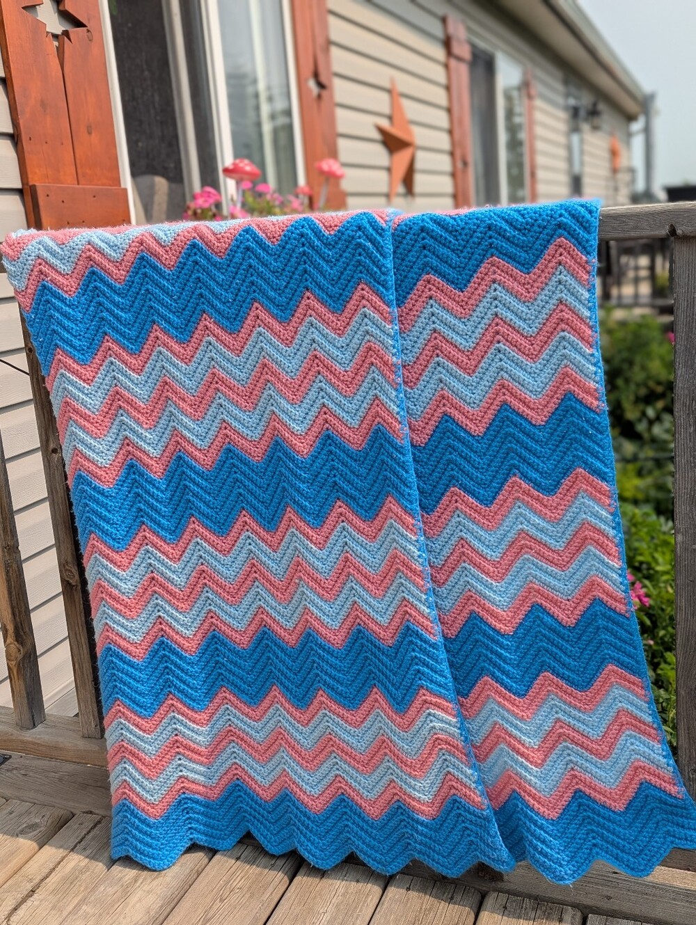 VTG Handmade Cozy Chevron Crochet Blanket Blue Pink Light Blue Spring Pastel